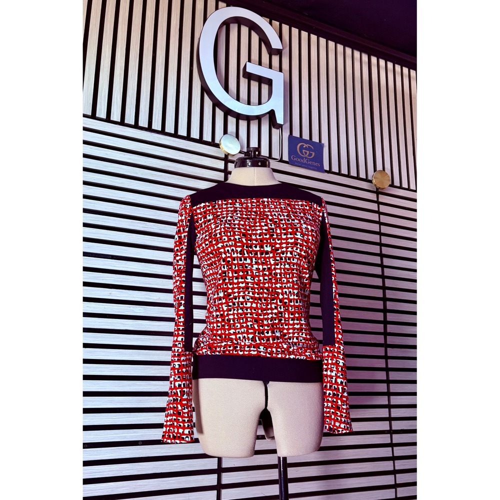 Max Mara Red‎ Black Geometric Print Long Sleeve Top medium luxury athleisure - Picture 3 of 7